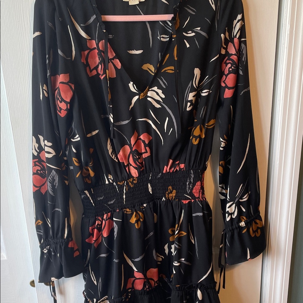 Floral Black Dress with Red and Orange Accents